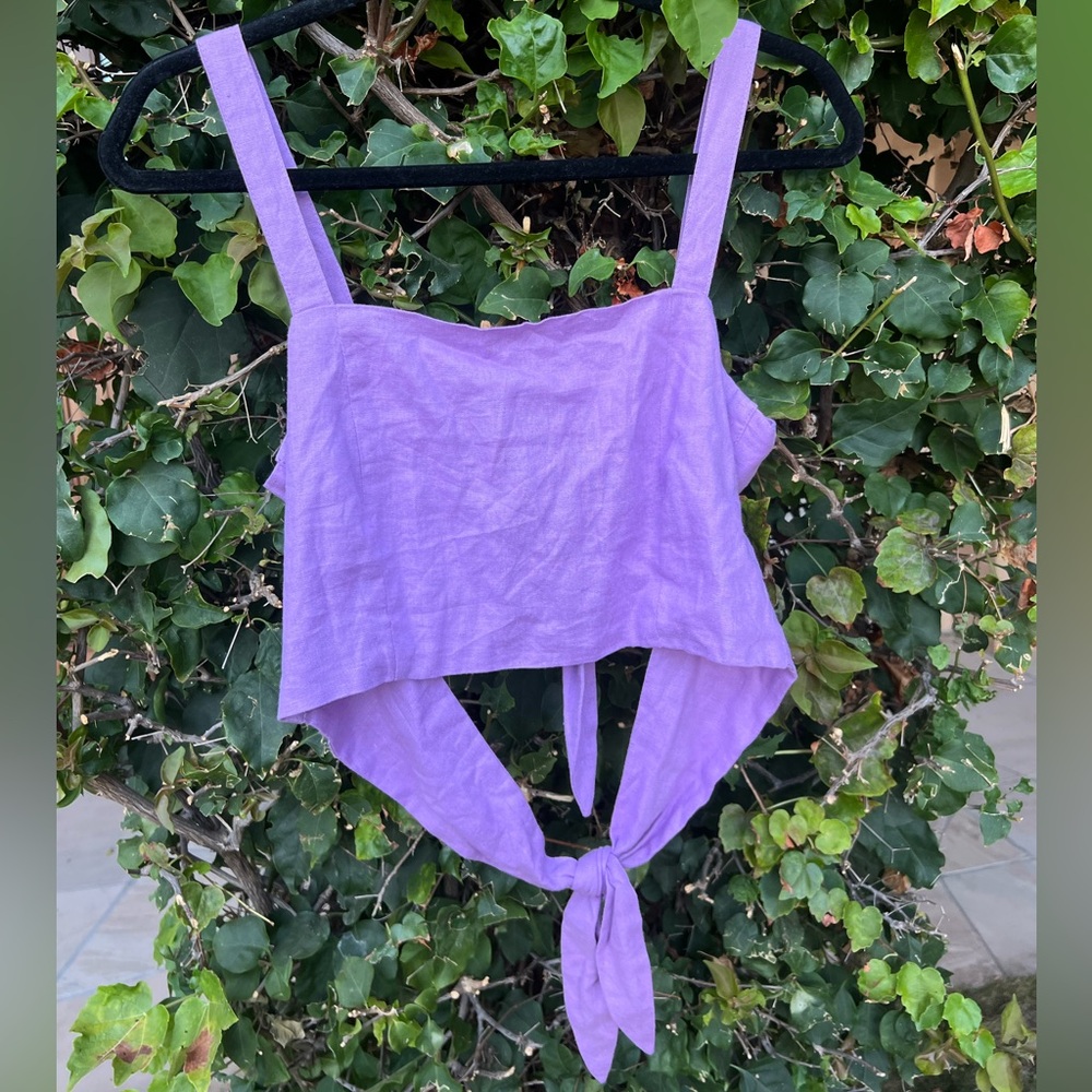 Glassons Linen Blend Violet Purple Crop Top With Double Tie Back